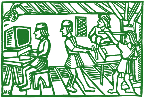Linocut illustration printers and a computer