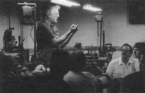 Photograph of Pat Taylor describing the dangers of Thompsons